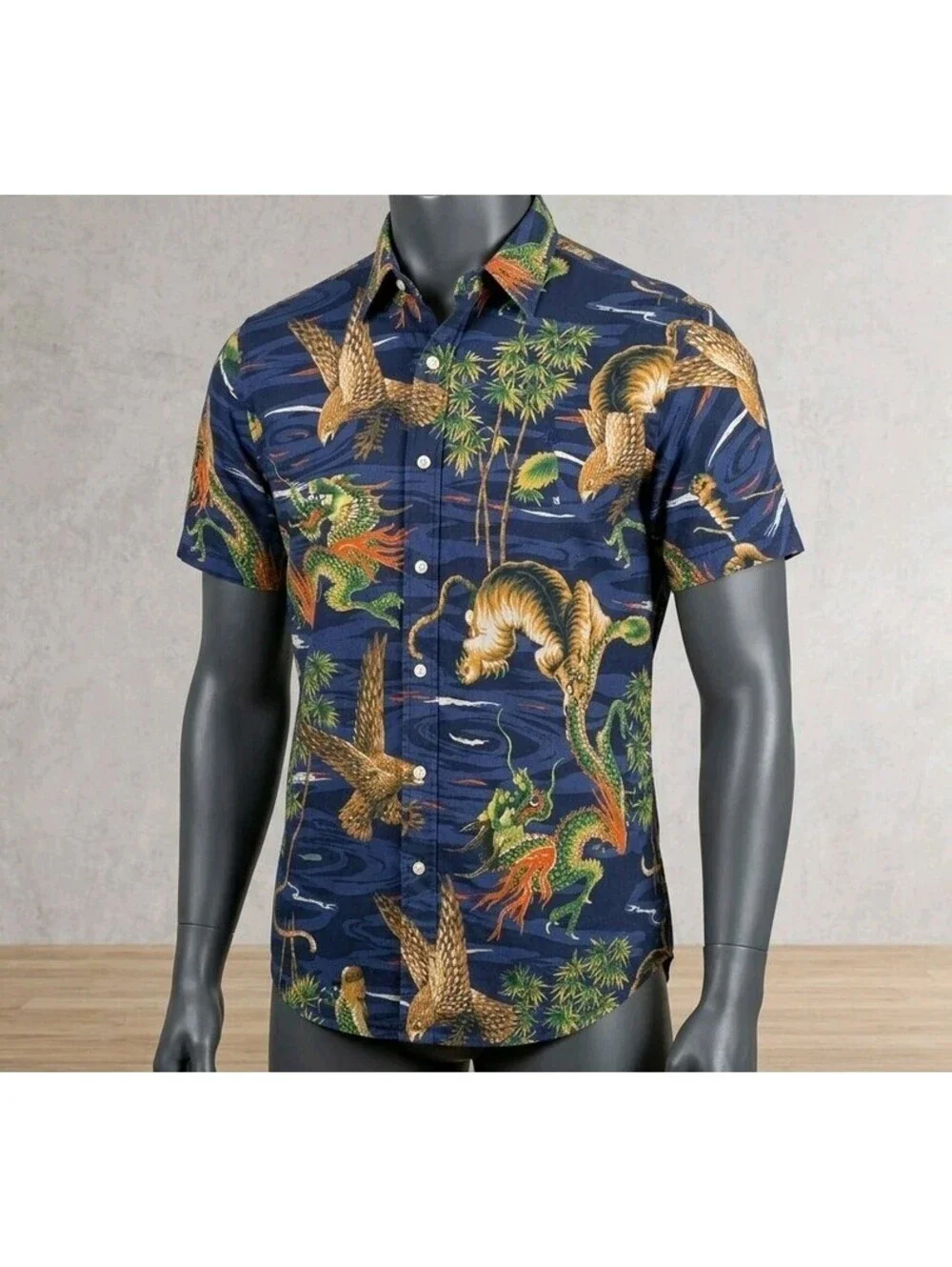 Vtg Polo Ralph Lauren Dragon Tiger Eagle Polo Shirt All Over Print Mens 2XL XXL
